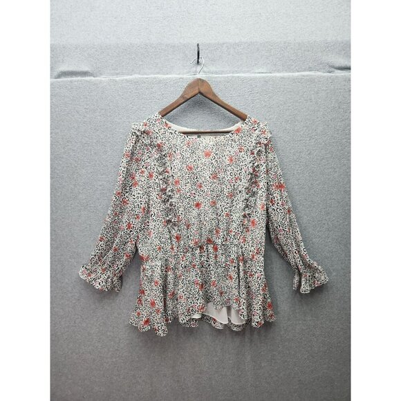 Womens Floral & Leopard Print Ruffle Blouse 18/20W EST. 1946 Polyester Button Ba - Picture 1 of 6